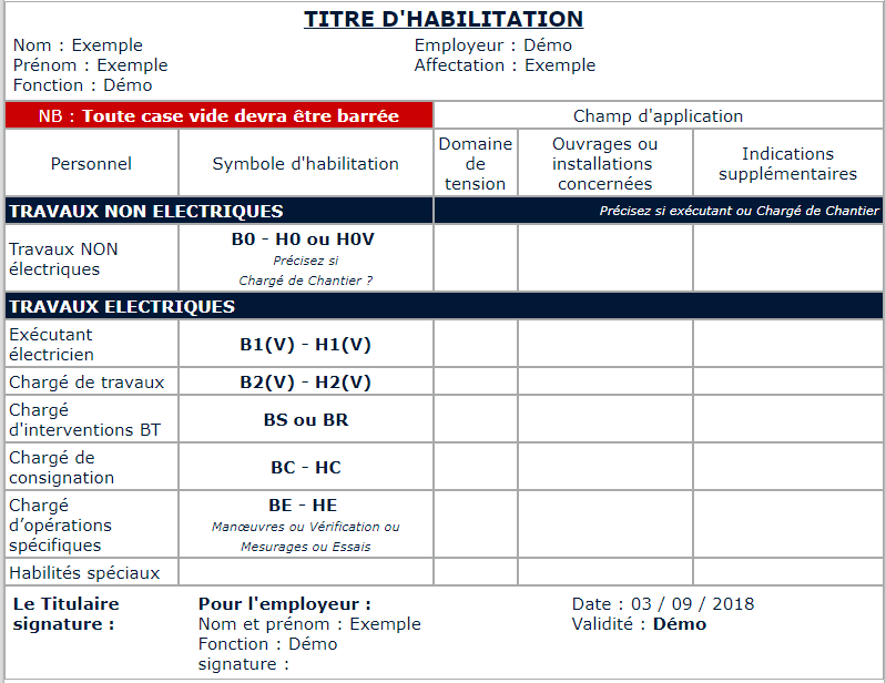 Exemple de titre d'habilitation rempli