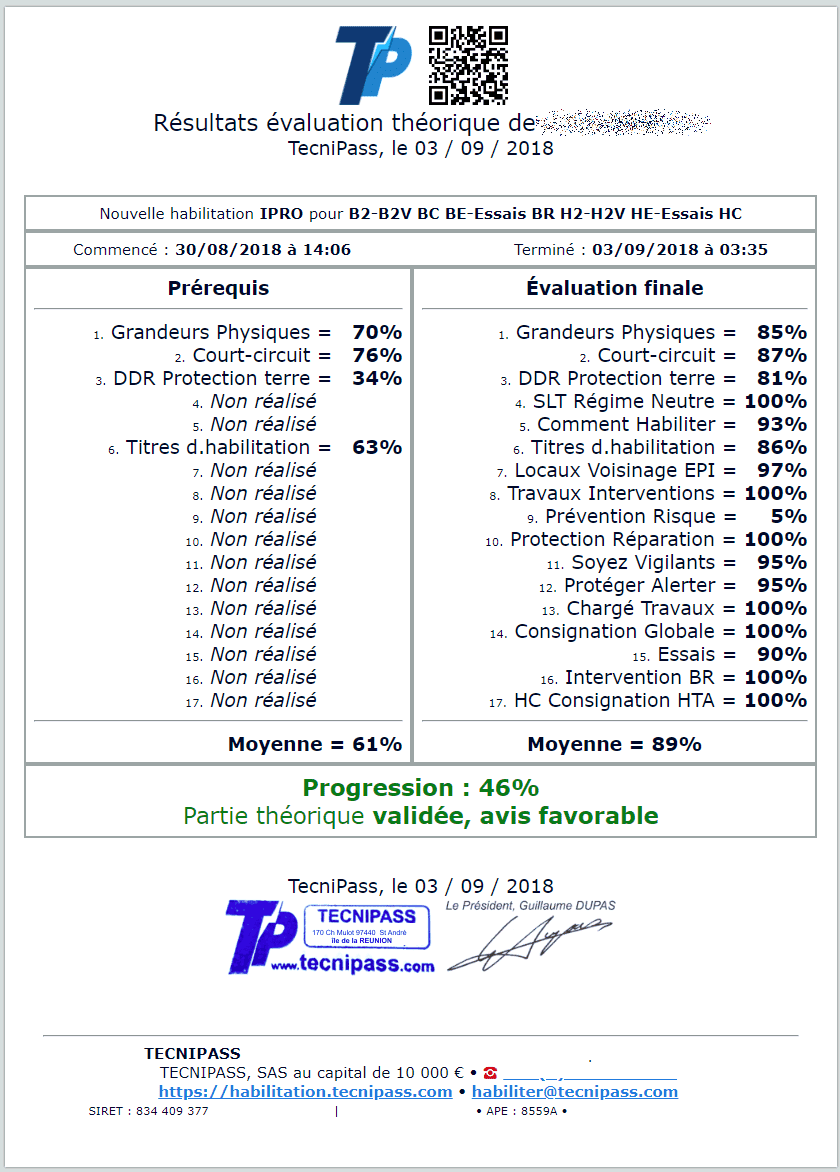 Certificat évaluation habilitation